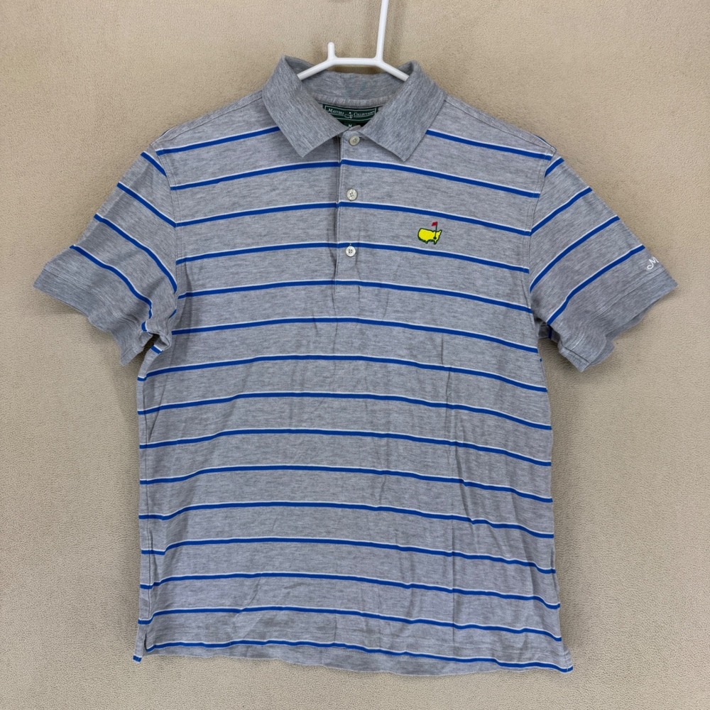 Masters Collection Mens Polo Shirt Gray Blue Stripe Embroidered Logo Golf‎ M